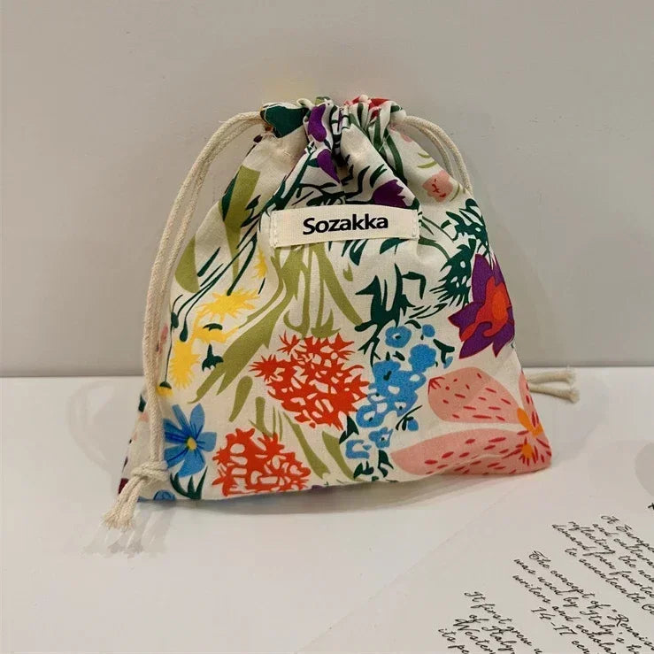 Cute Floral Drawstring Makeup Bag for Women Portable Cosmetic Organizer Pouch Candy Storage