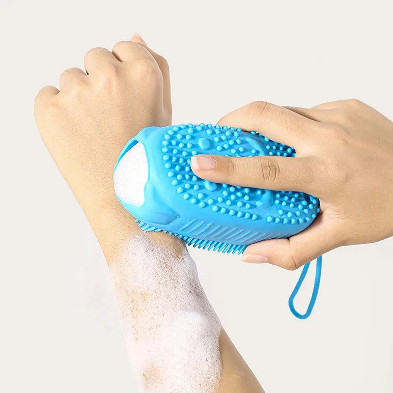 Double Side Silicone Bubble Bath Body Brush with Soap Storage Sponge Massage Scalp Scrubber Skin Clean Exfoliating