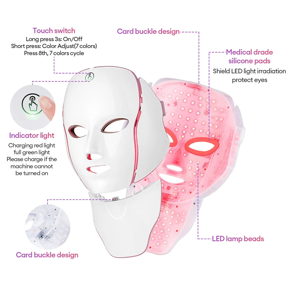 Newly Upgraded LED Face Mask with Neck Wireless 7 Colors Photon LED Facial Mask Repair Skin Rejuvenation Firming Beauty Tool