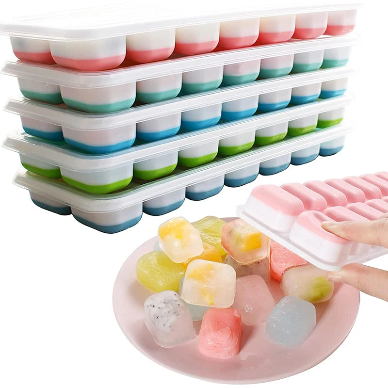 Ice Cube Tray Silicone Mold with Cover Square 14-cube Easy Release Ice Cube Molds Summer Kitchen Bar DIY Iced Drink Maker Tools