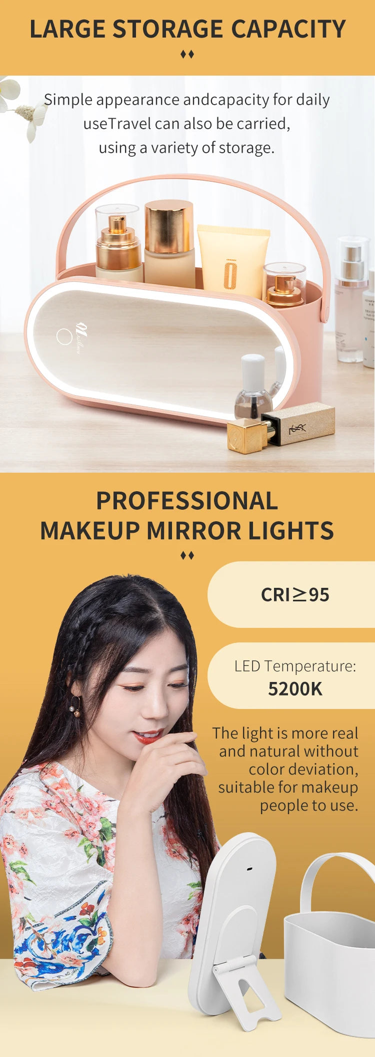 LED Makeup Mirror with Lights Portable Makeup Storage Box Waterproof Cosmetic Organizer Detachable Travel Vanity Mirror