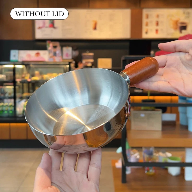 ♥Stainless Steel Cooking Pans with Wooden Handle & Glass Lid - Multi-Purpose Small Pots for Noodles/Eggs
