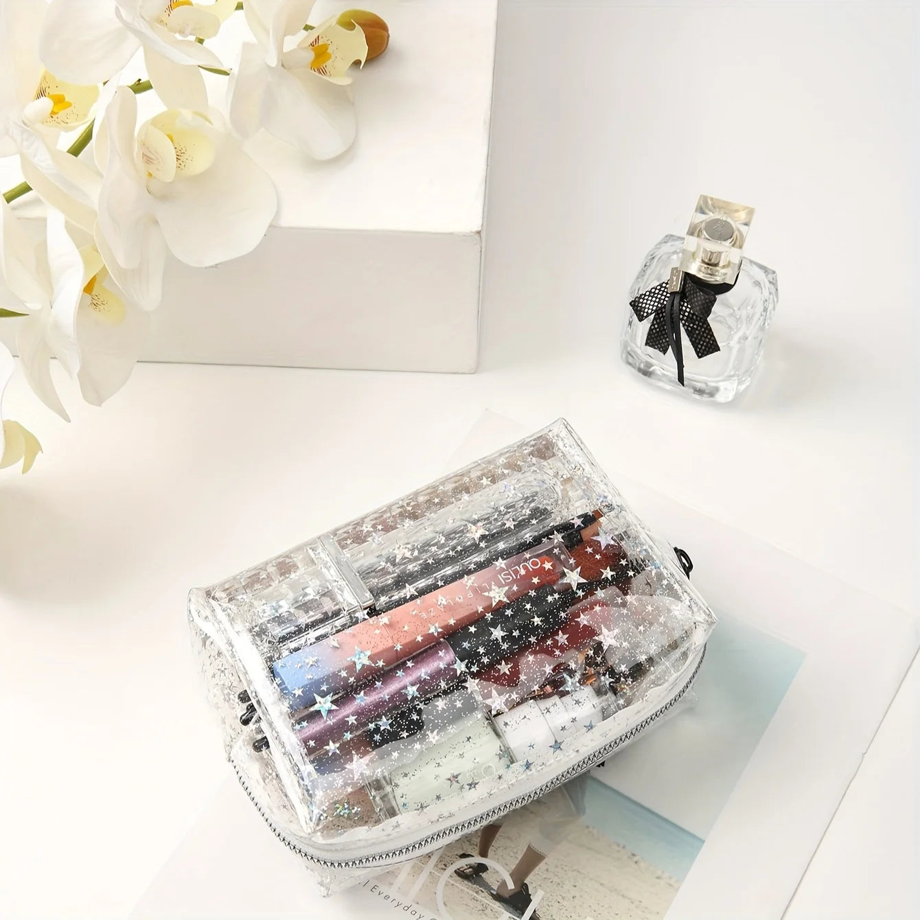 Chic Transparent Star PVC Makeup Bag - Waterproof, Large Capacity, Portable Cosmetic Organizer