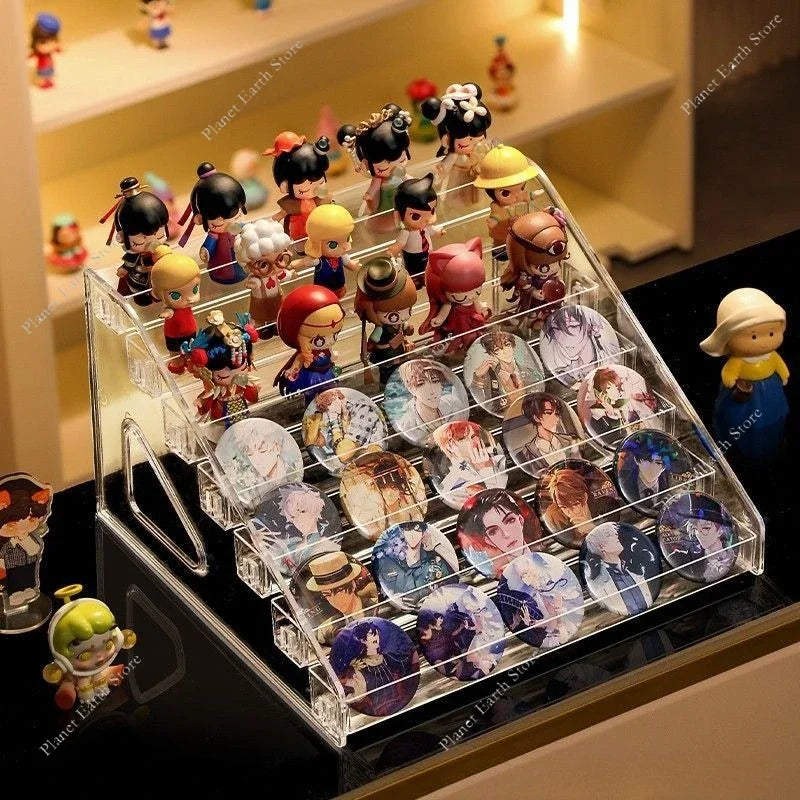 Acrylic Badge Storage Box Display Rack Stepped Display Desktop Storage Organizer for 75MM Badges Standing Signs and Peripherals