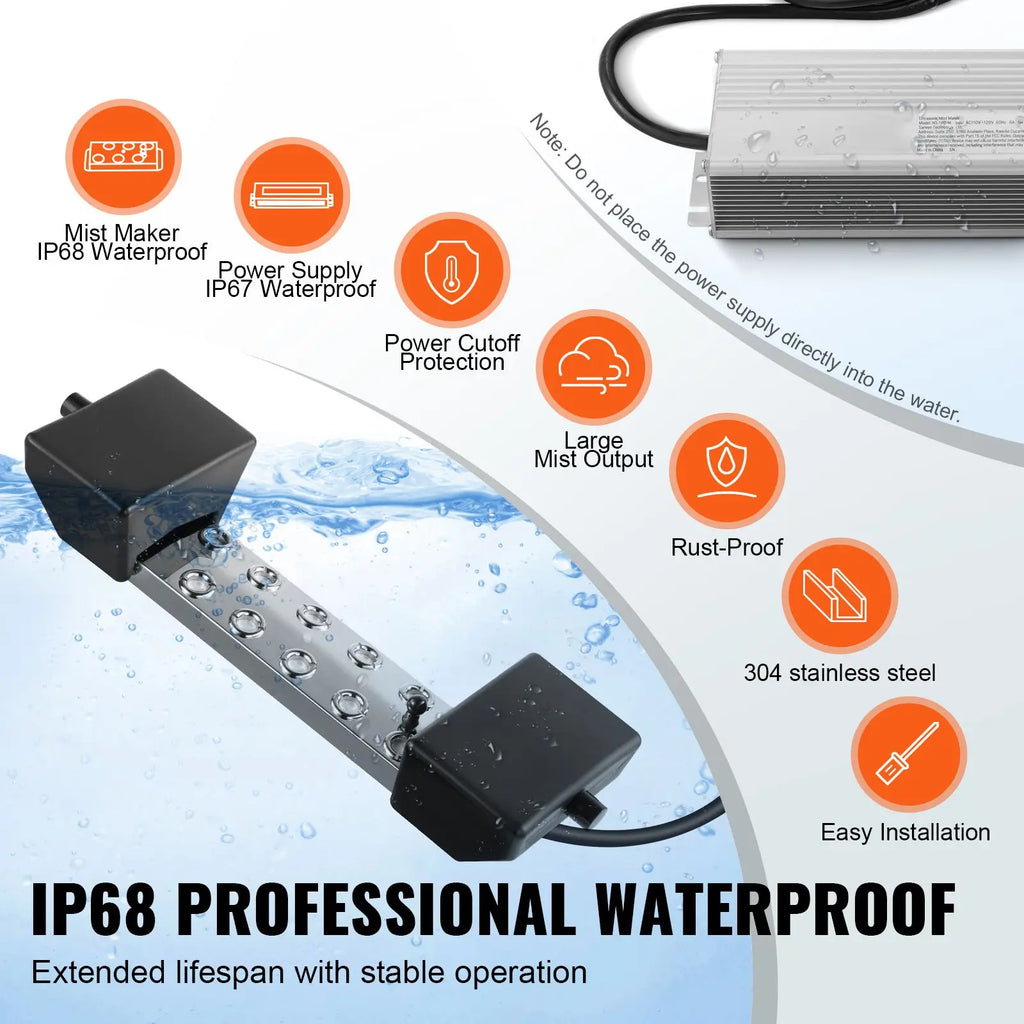 10-Head 7000mL/H Ultrasonic Fogger Mist Maker 280W IP67 Waterproof & Power Supply Buoy Replacement Humidifier