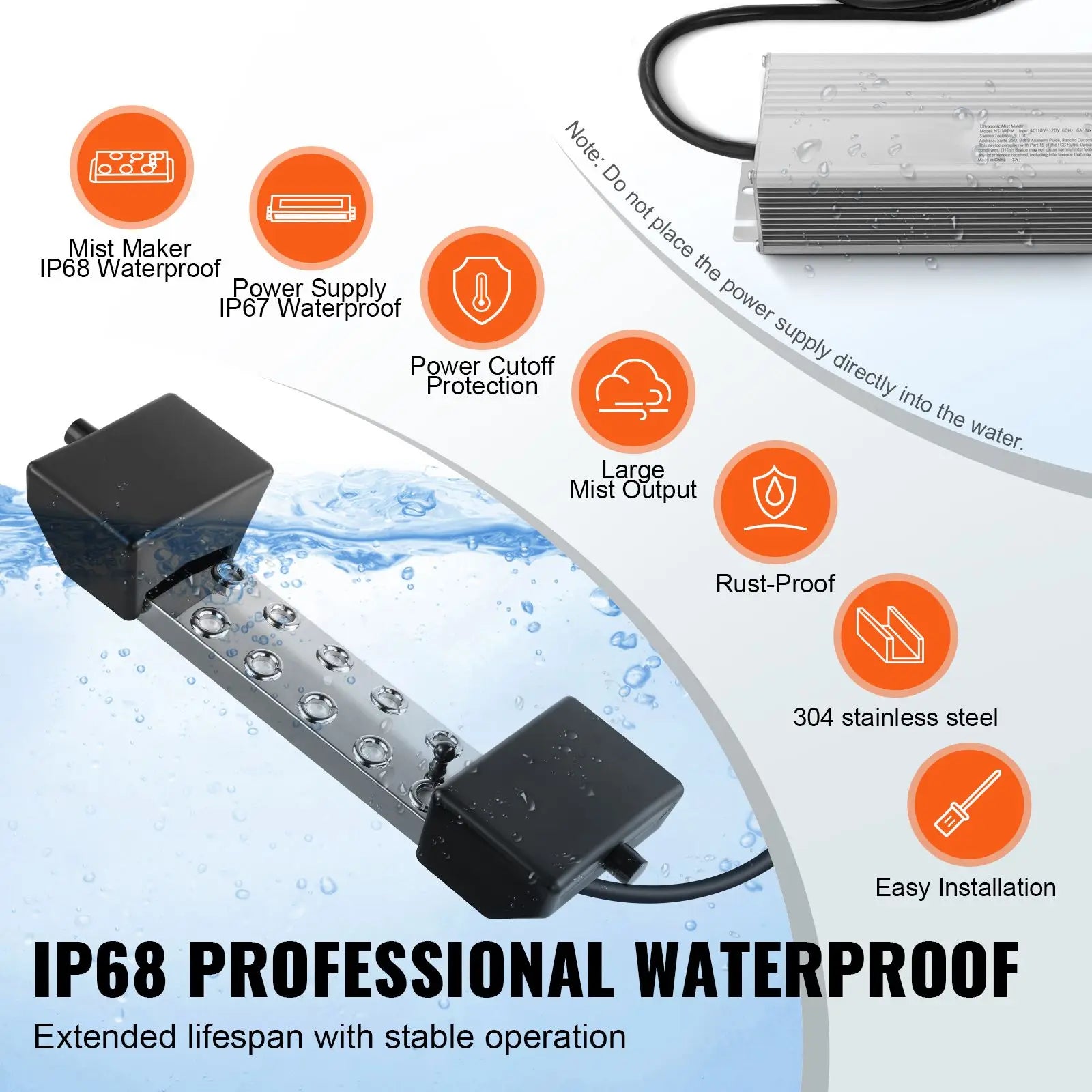 10-Head 7000mL/H Ultrasonic Fogger Mist Maker 280W IP67 Waterproof & Power Supply Buoy Replacement Humidifier