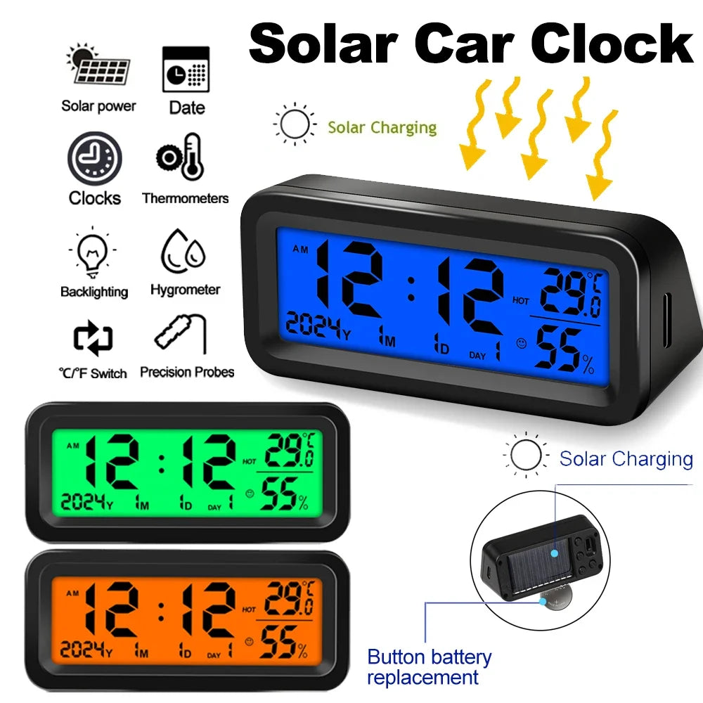Digital Car Clock Solar/USB Powered with Date Week Temperature Humidity LCD Backlit Display Dashboard Automobile Stick-On Clock