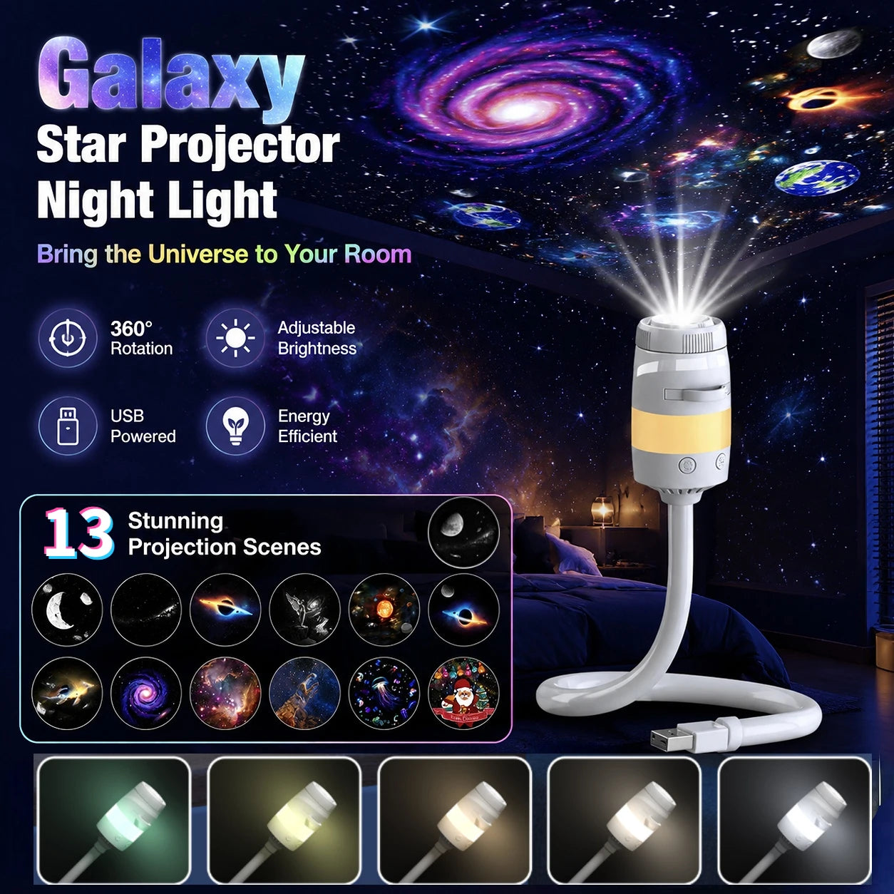 Galaxy Projector LED USB Night Light With 1-13pcs Scenes Adjustable Light Large Range Projection Ambient Lamp For Home Decor