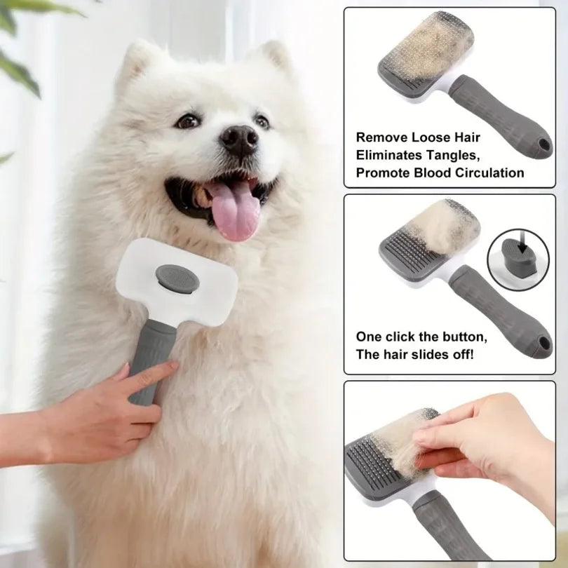 Pet Grooming Brush with One-Click Hair Removal, Bent Needle Massaging Comb for Dogs & Cats