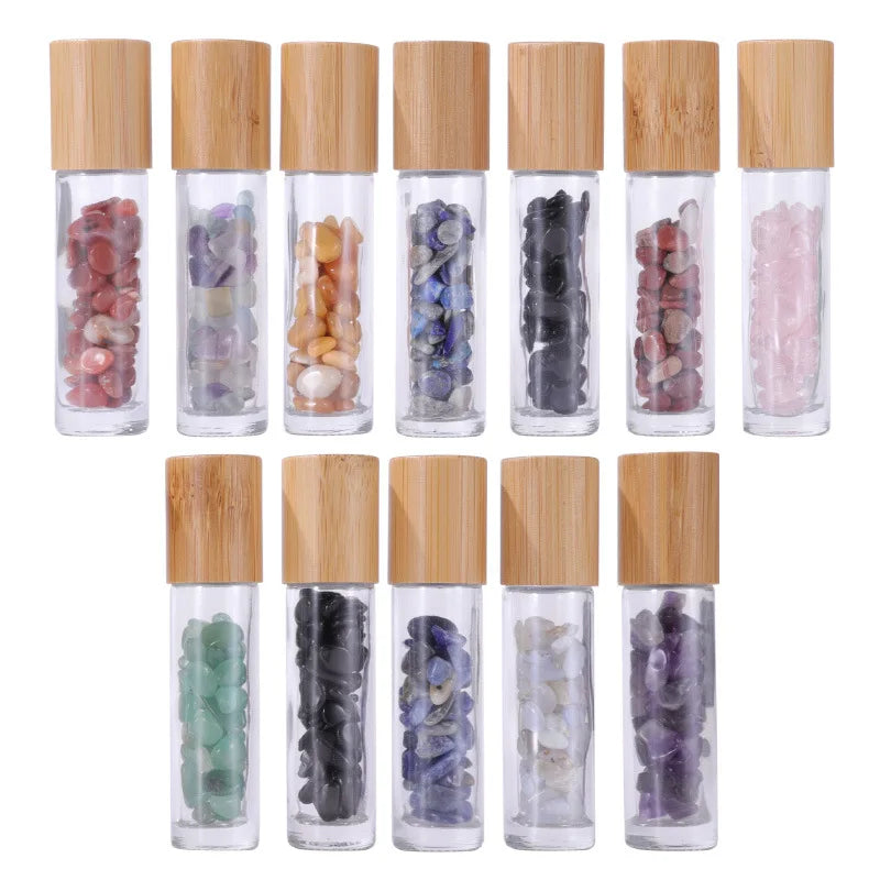 10Pcs 10ml Roll On Bottle Essential Oil Natural Jade Roller Bottles with Crystal Chip Glass Travel Refillable Bottle Containers