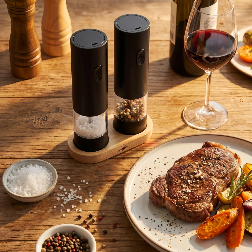 Rechargeable Electric Salt&Pepper Grinder Set with Wood Base, Automatic One‑Hand Operated Spice Mill with Adjustable Coarseness