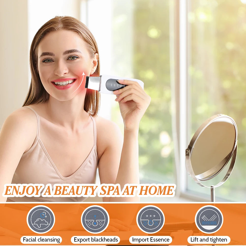 Ultrasonic Skin Scrubber EMS Face Lifting Machine Red Blue Light Blackhead Remover Pore Cleaner Deep Cleansing Facial Spatula
