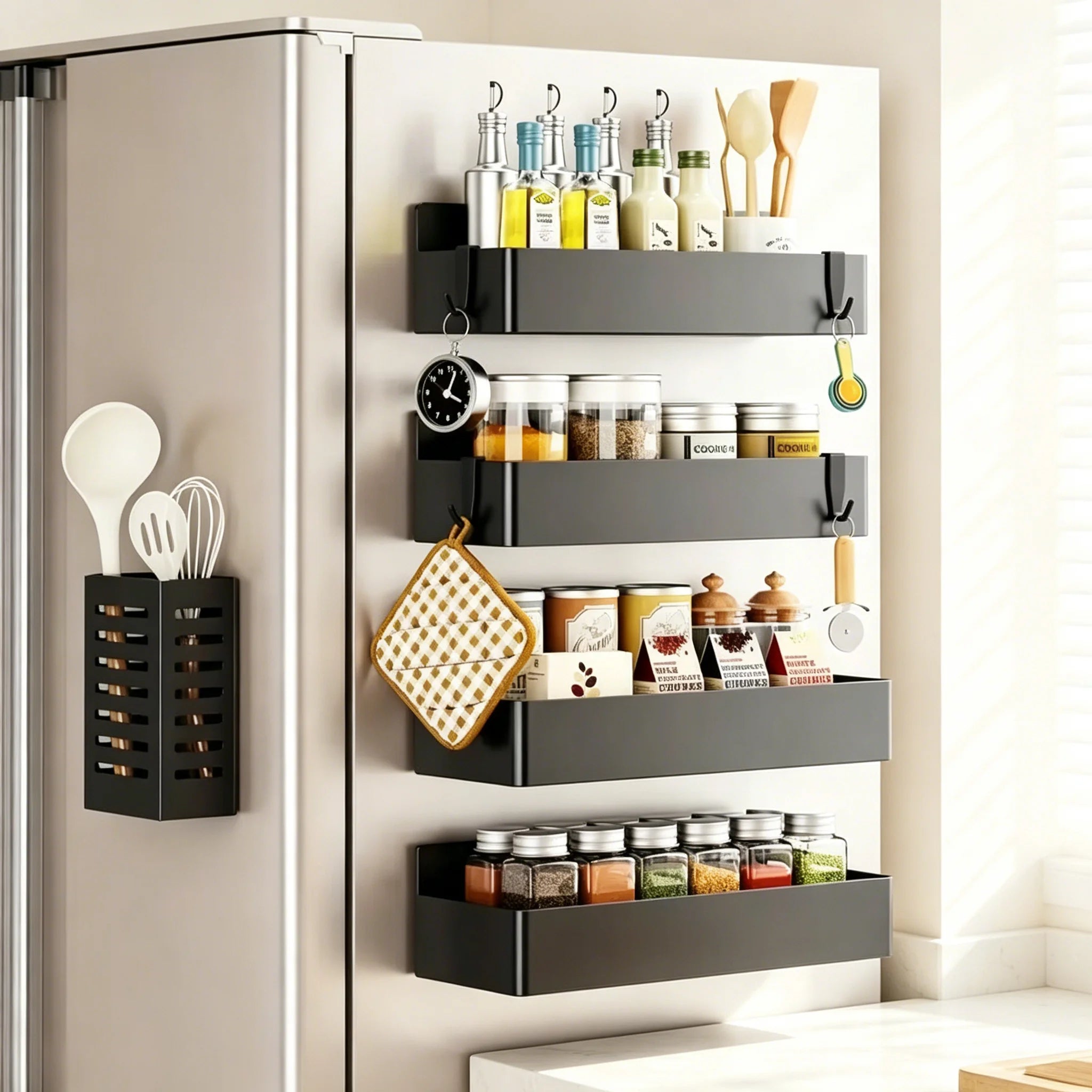2 Pack Black Magnetic Spice Rack for Refrigerator No Drill Kitchen Fridge Shelf Organizer for Spice Food Black Jar Holder