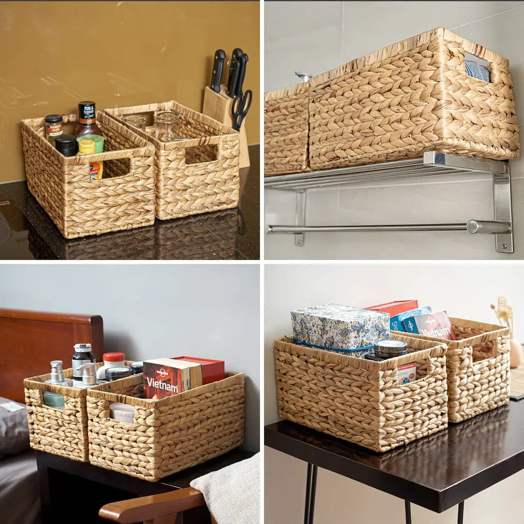 Handwoven Storage Baskets Sundries Organizer with Lid Rectangular Cosmetics Box Clothes Laundry Basket Towel Toys Container