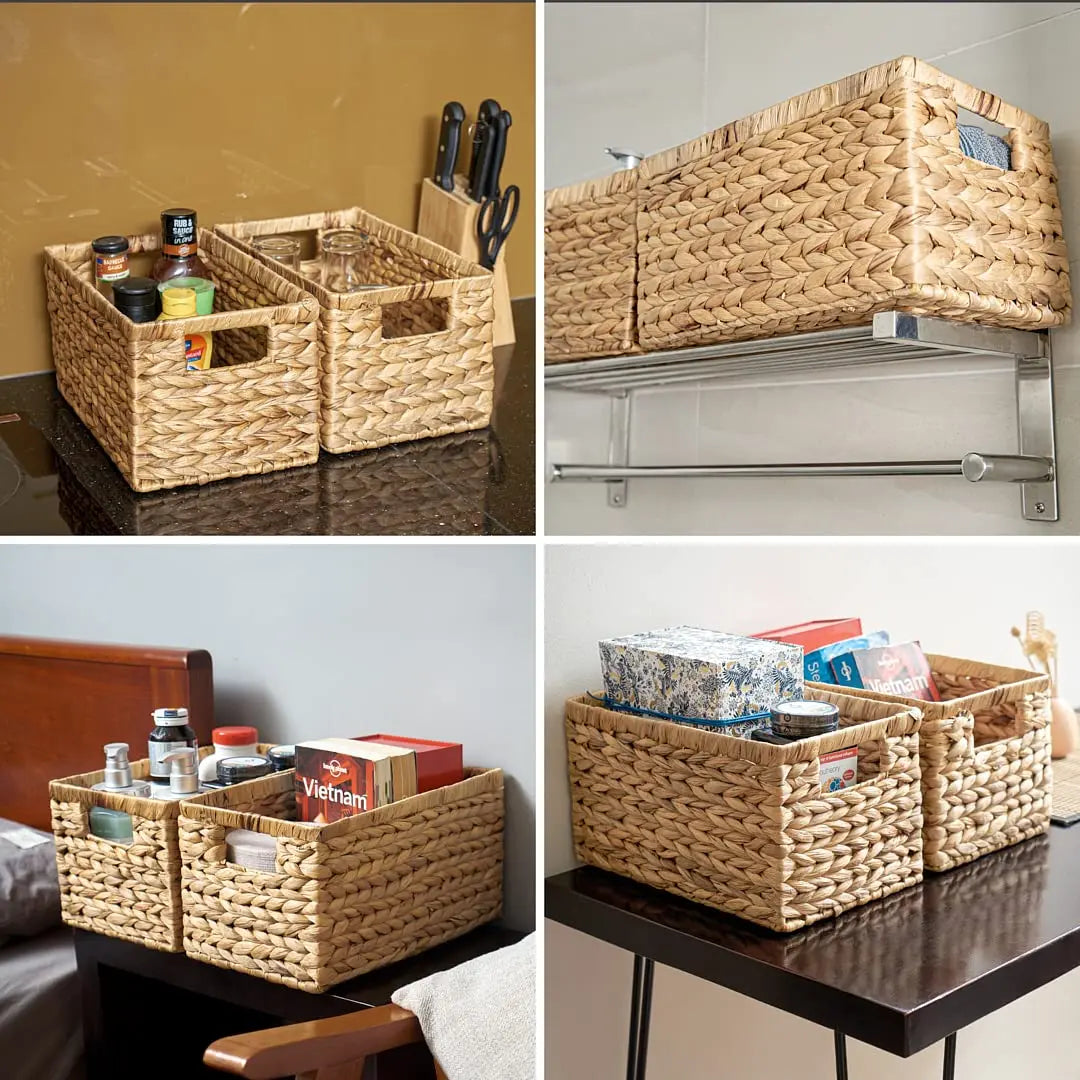 Handwoven Storage Baskets Sundries Organizer with Lid Rectangular Cosmetics Box Clothes Laundry Basket Towel Toys Container