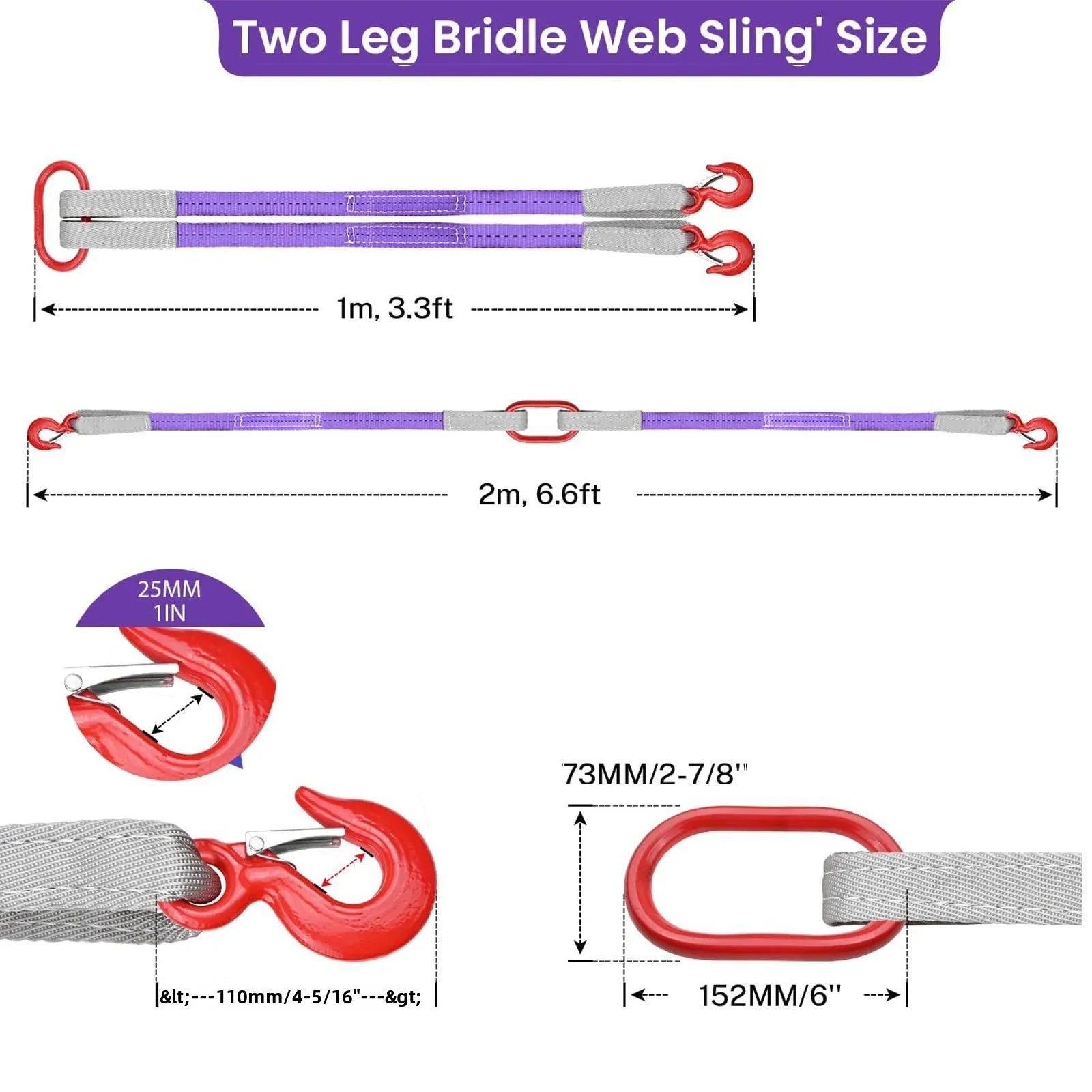 3.3/9.8/16.4FT Lifting Slings Straps with Hooks 4400LBS Pounds Capacity Polyester Bridle Sling,Heavy Duty Two Leg Rigging Strap