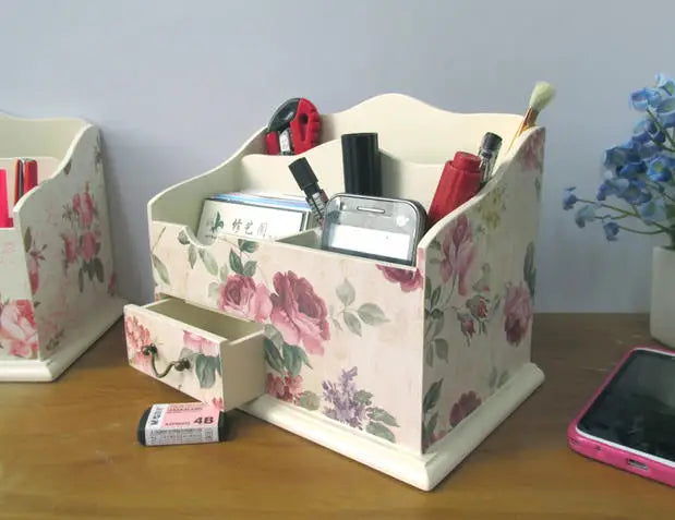 European Style Cosmetics Storage Box, Creative Painting, American Pastoral Wood Desk Finishing Box