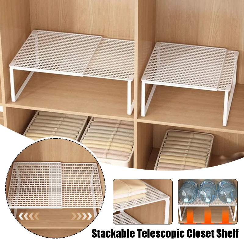 Telescopic Closet Shelf Organizer  Retractable & Stackable Adjustable Divider for Wardrobe, Cabinet, Closet Storage Space Saver