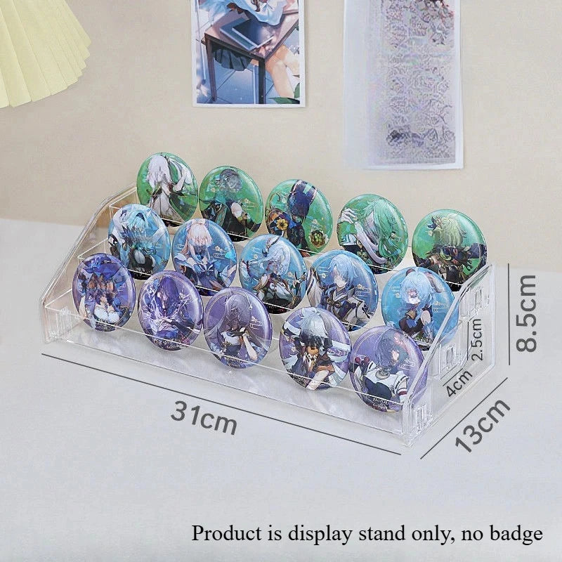 Acrylic Badge Storage Box Display Rack Stepped Display Desktop Storage Organizer for 75MM Badges Standing Signs and Peripherals