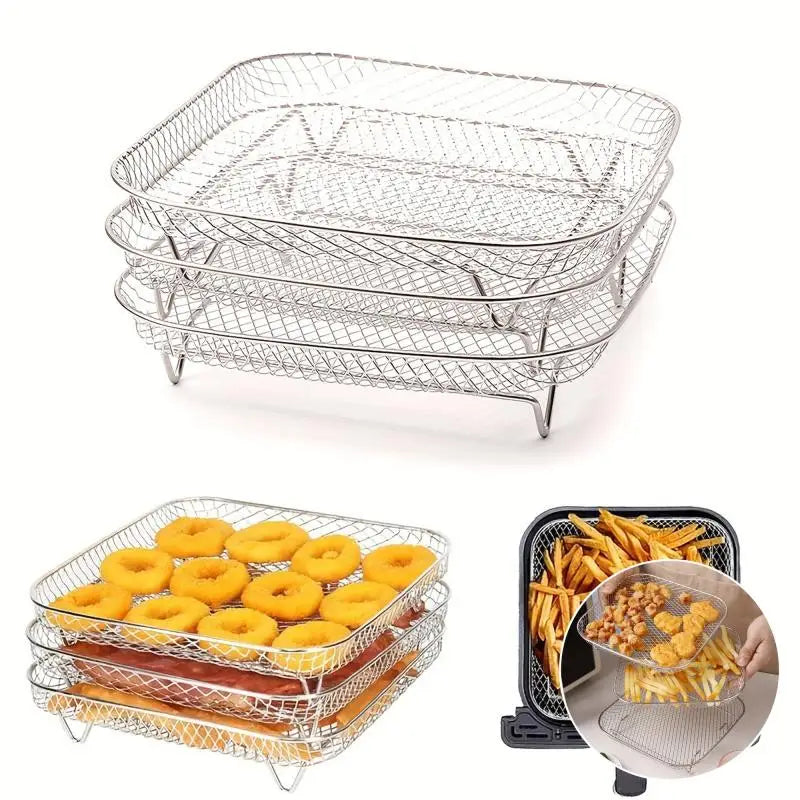 3-piece Stainless Steel Air Fryer Accessory Set - Square Fries and Grilling Rack for Kitchen Dining, Air Fryer Rack