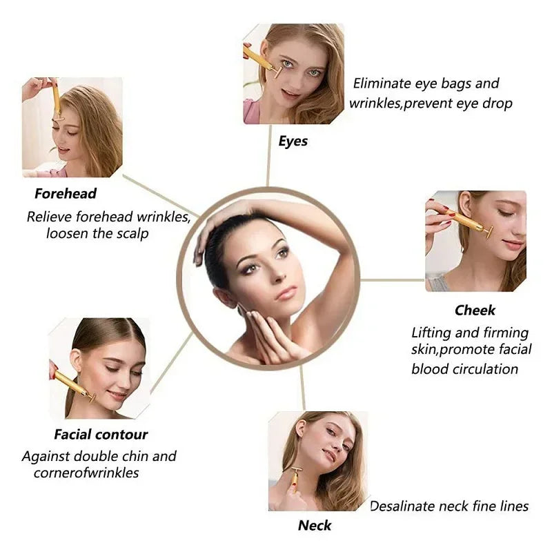 Face Lift Bar Roller Vibration Slimming Massager Facial Stick Facial 24k Gold Beauty Skin Care T Shaped Vibrating Tool