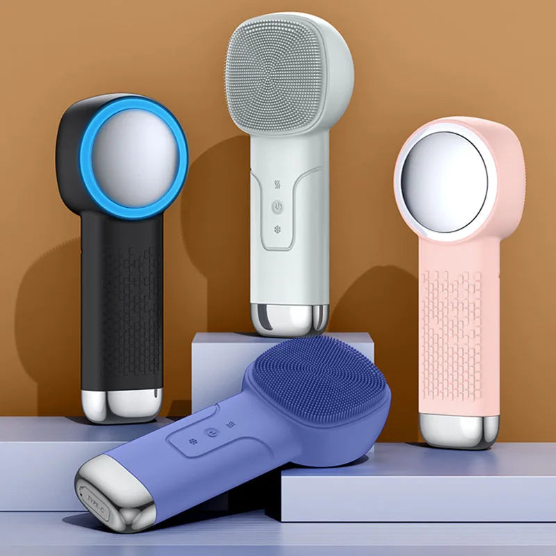 6 in 1 Sonic Facial Cleansing Brush with Thermal Function, Waterproof Skin Cooling Massager, Silicone Facial Cleansing Device