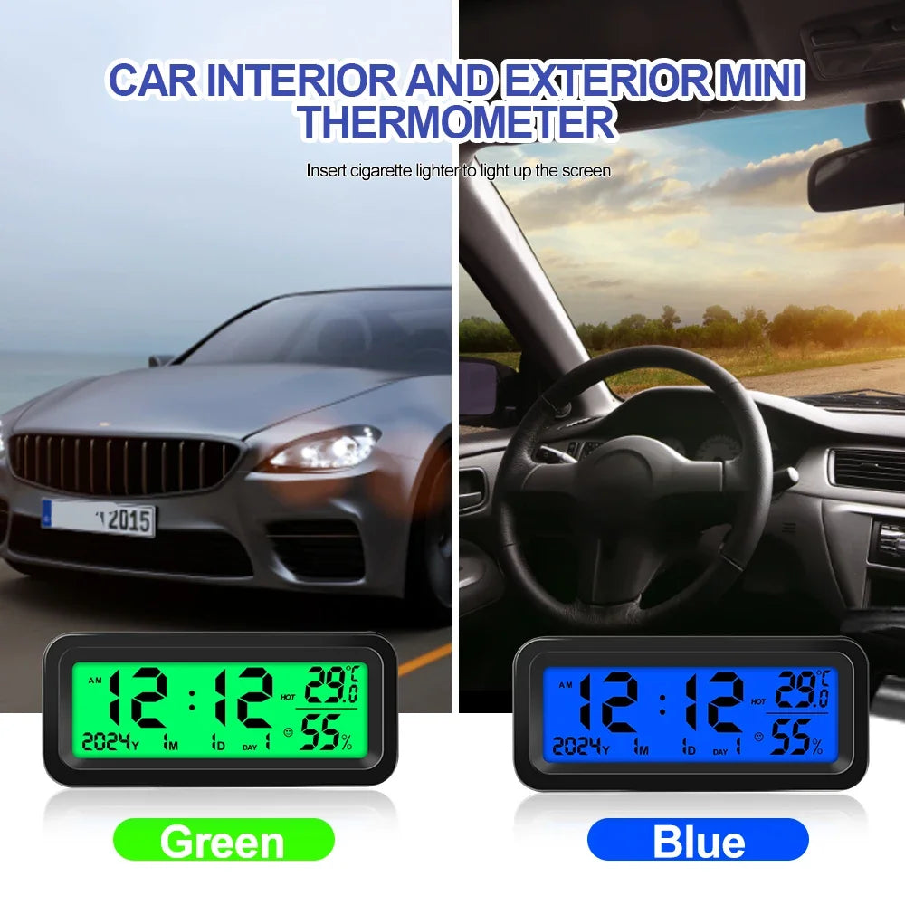 Digital Car Clock Solar/USB Powered with Date Week Temperature Humidity LCD Backlit Display Dashboard Automobile Stick-On Clock