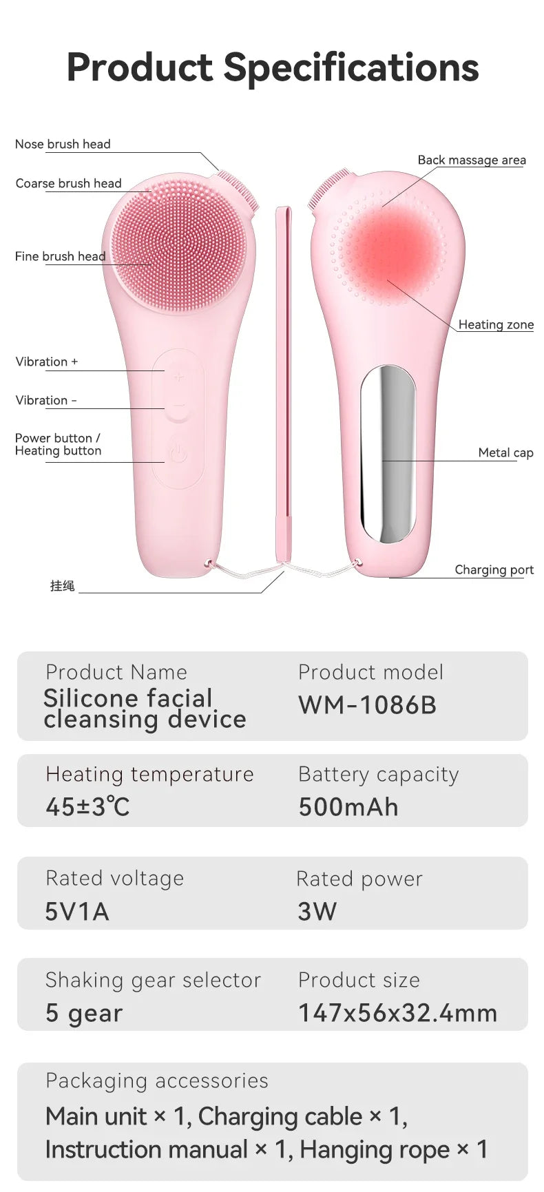 Sonic Waterproof Facial 45℃ Cleansing Brush Rechargeable Scrubber Exfoliating Vibrating Deep Clean Face Cleaner Skin Care