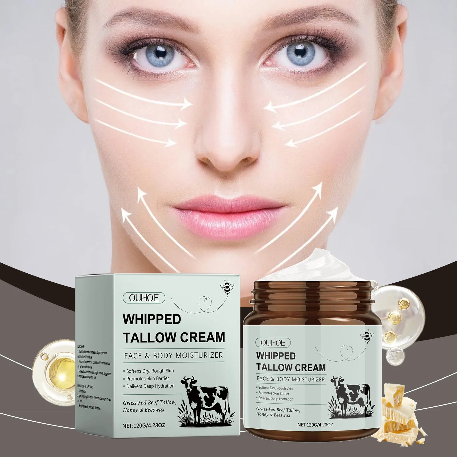 Whipped Tallow Balm Wrinkle Remover Fine Lines Anti Aging Brighten Improve Dryness Whitening Nourish Facial Moisturizing Cream