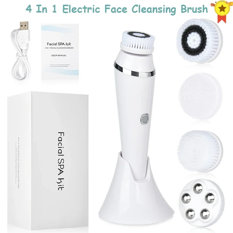 Electric Facial Cleansing Brush with 4 Face Cleaning Device 3 Modes Skincare Brush Heads Waterproof Wireless Facial Cleansing
