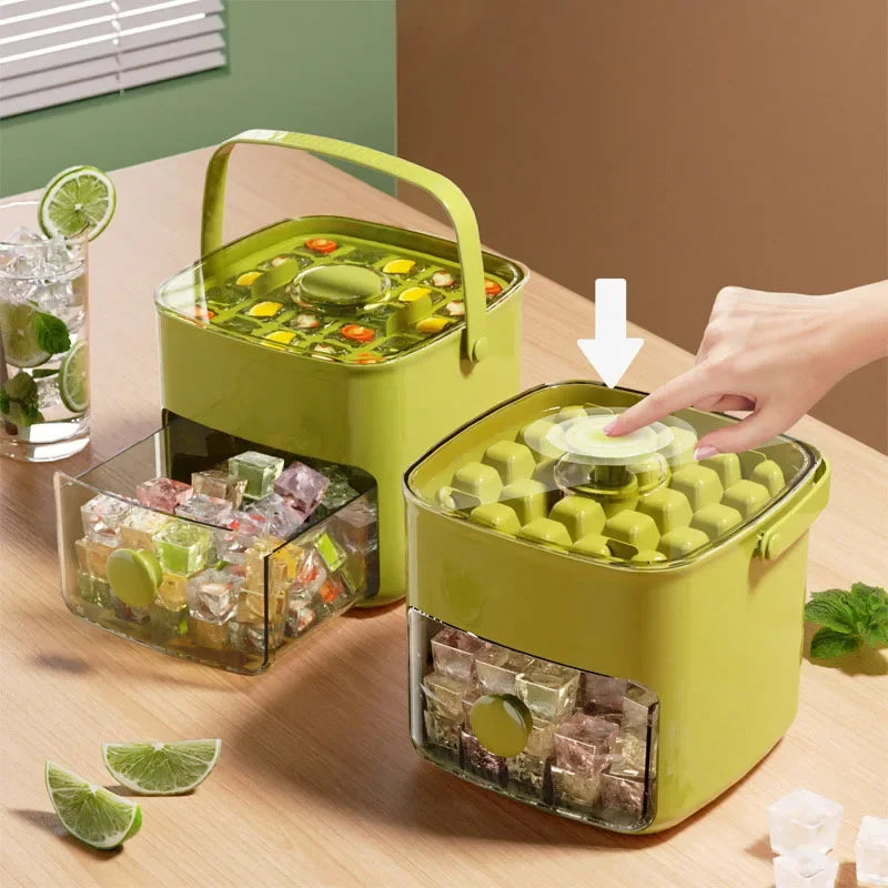 Ice Cube Tray Double Layer with Lid and Bin, Pull-Out Ice Drawer with Portable Handle, Kitchen Accessories Compact