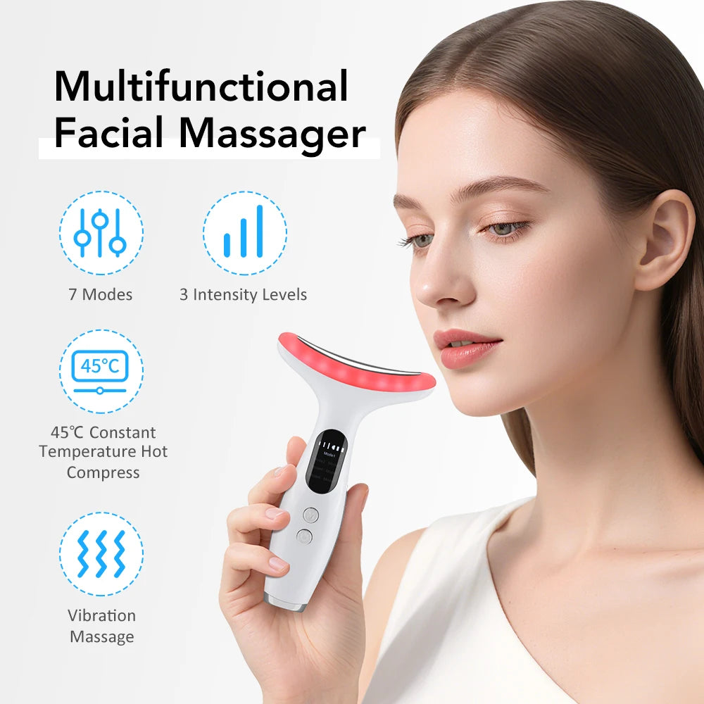 7 Colors LED Lights Face Neck Beauty Device Vibration Massage Improve Neck Lines Home Use Face Lifting Machine 7 Modes 3 Levels