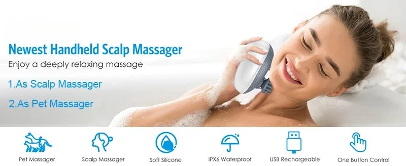 2-in-1 Deep Cleansing Vibrating Brush, Rechargeable Scalp Cleaner Pet Massager with Low Noise, Waterproof for Hair Wash Pet Care