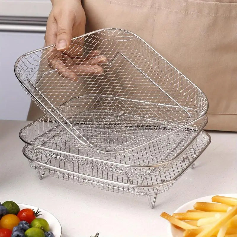 3-piece Stainless Steel Air Fryer Accessory Set - Square Fries and Grilling Rack for Kitchen Dining, Air Fryer Rack