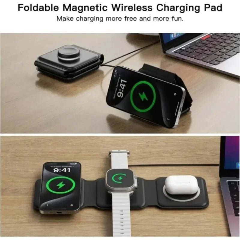 Foldable 3 In 1 Fast Charging Pad Desktop Wireless Charger For iPhone 17 16 15 14 13 Pro Max iWatch 10 9 8 7 6 AirPods Pro 2