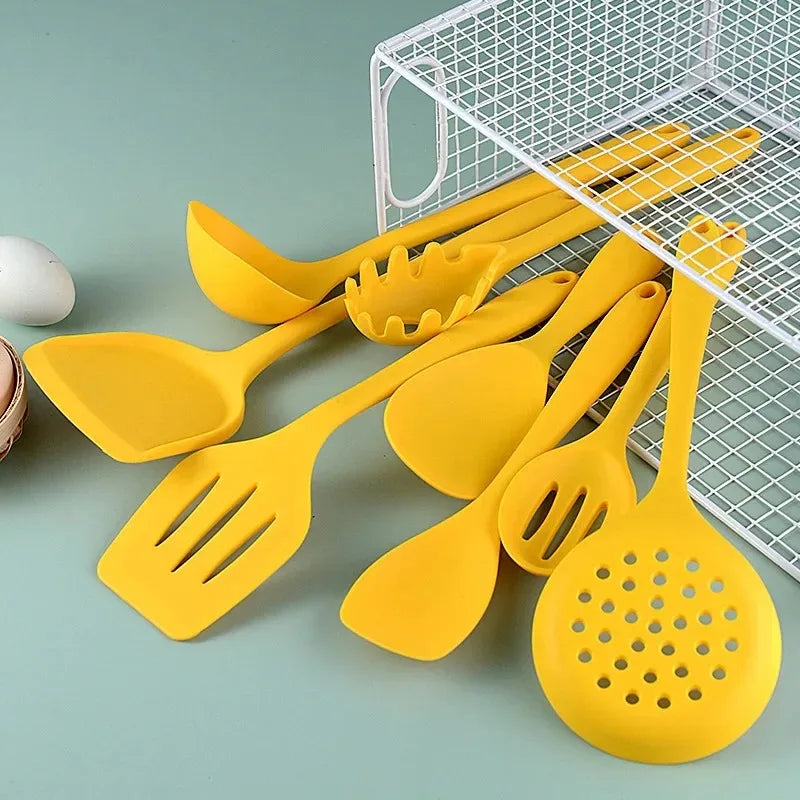 Silicone Kitchen Utensils Set For Cooking Baking Yellow Non Stick Spatula Set Heat Resistant Kitchen Utensils Cooking Tool