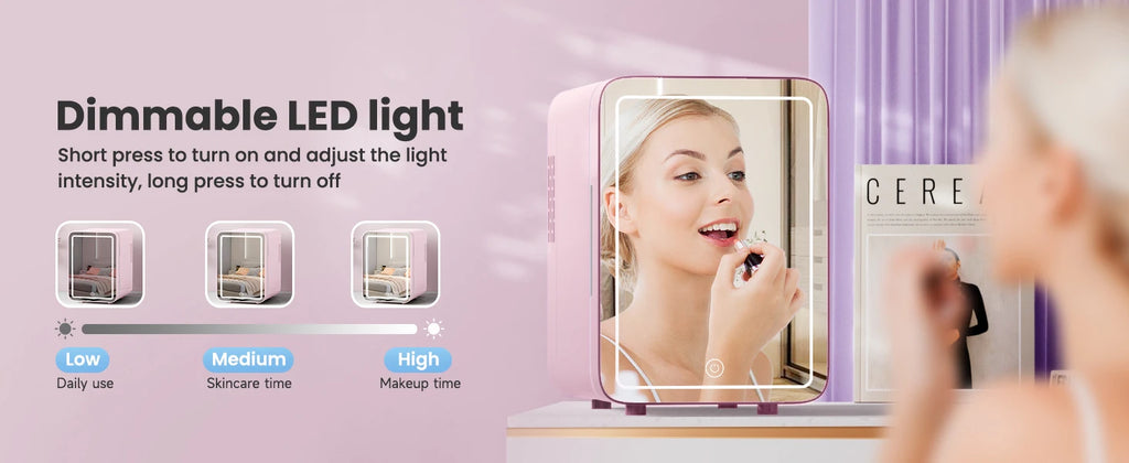 Skincare Fridge with Dimmable LED Light Mirror, 4L Makeup Mini Fridge for Bedroom, Car
