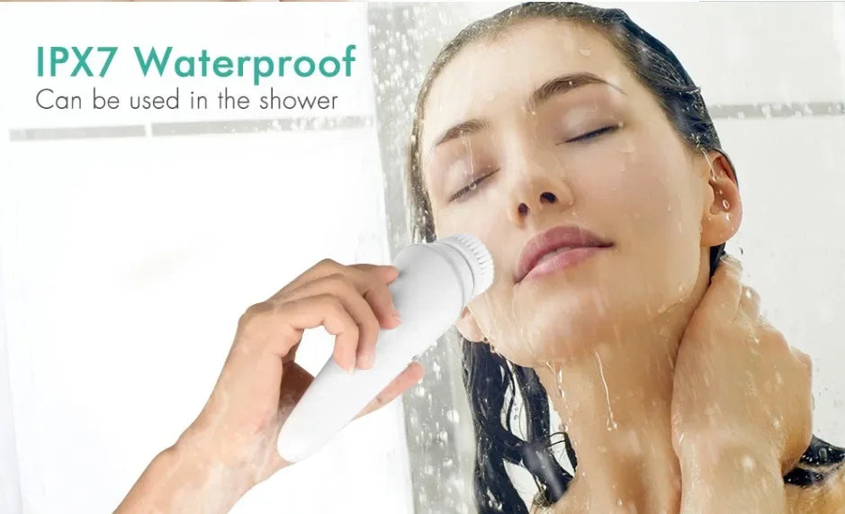 Electric Facial Cleansing Brush with 4 Face Cleaning Device 3 Modes Skincare Brush Heads Waterproof Wireless Facial Cleansing