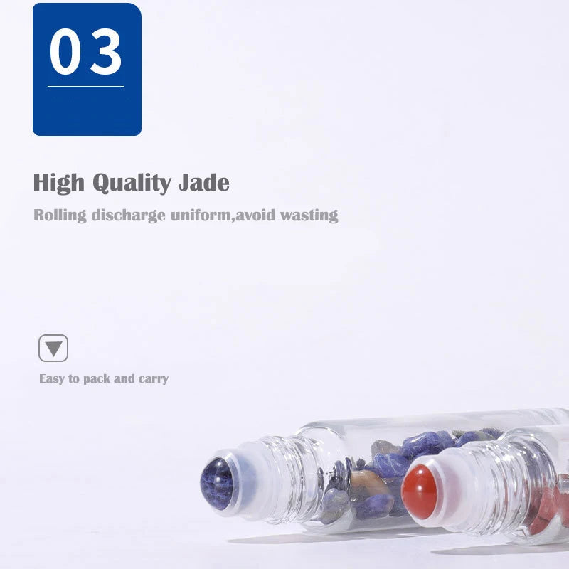 10Pcs 10ml Roll On Bottle Essential Oil Natural Jade Roller Bottles with Crystal Chip Glass Travel Refillable Bottle Containers