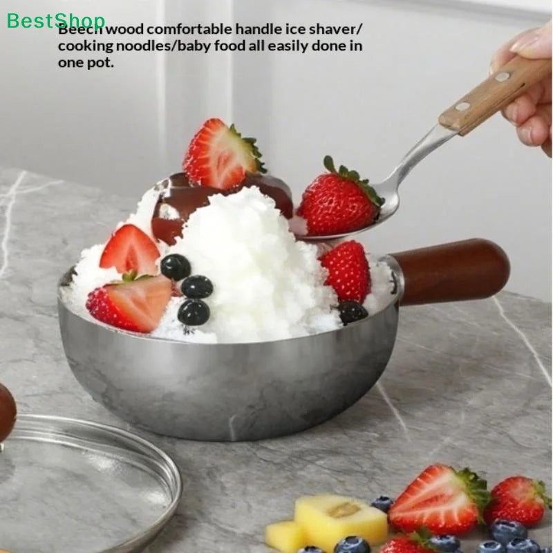 ♥Stainless Steel Cooking Pans with Wooden Handle & Glass Lid - Multi-Purpose Small Pots for Noodles/Eggs