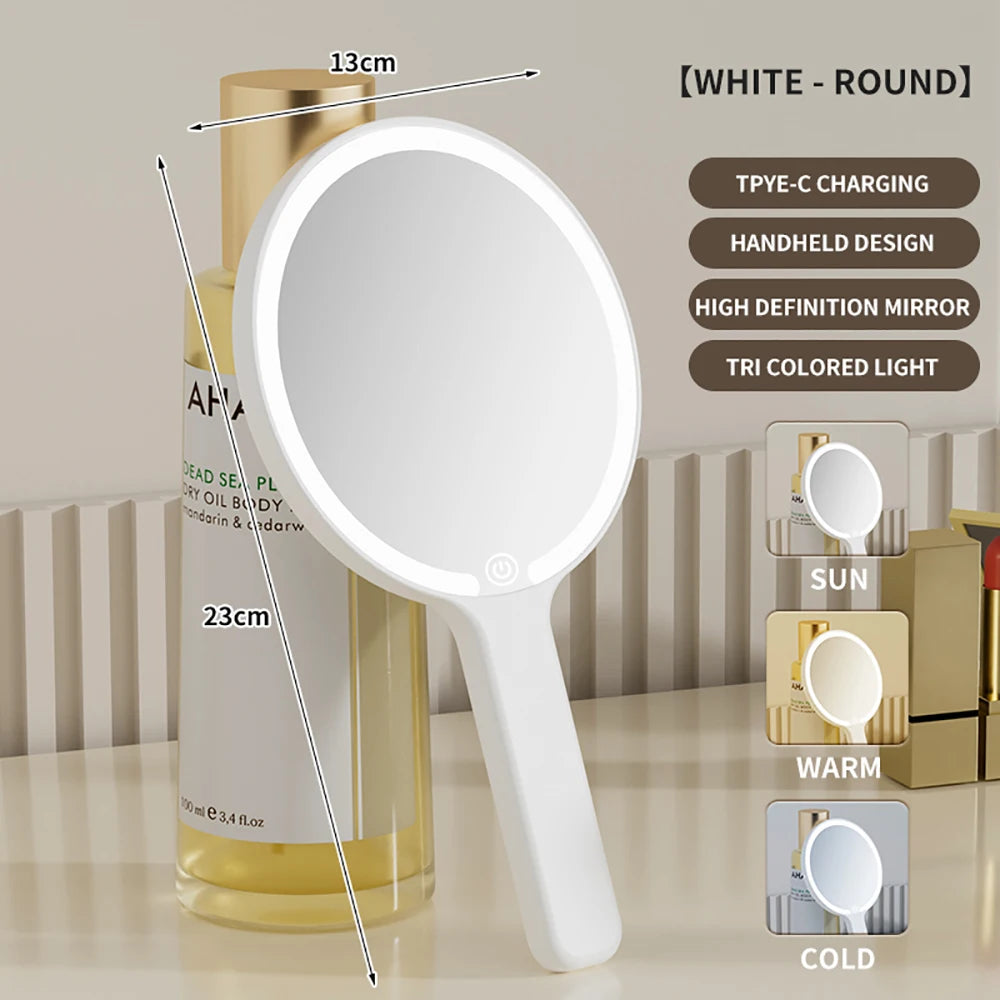 LED Smart Makeup Mirror Hand-held Carry 3 Colors Adjust Bright with Touch Screen Cosmetic Tabletop Vanty Mirror Travel Home Use