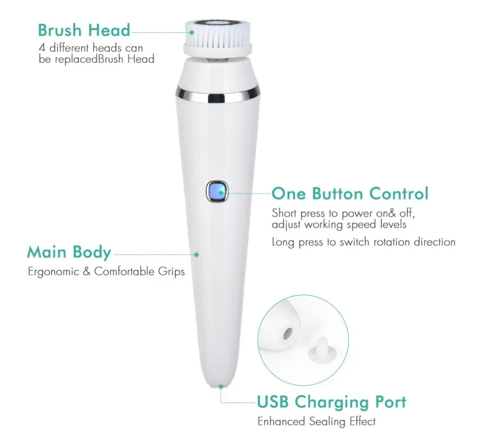 Electric Facial Cleansing Brush with 4 Face Cleaning Device 3 Modes Skincare Brush Heads Waterproof Wireless Facial Cleansing