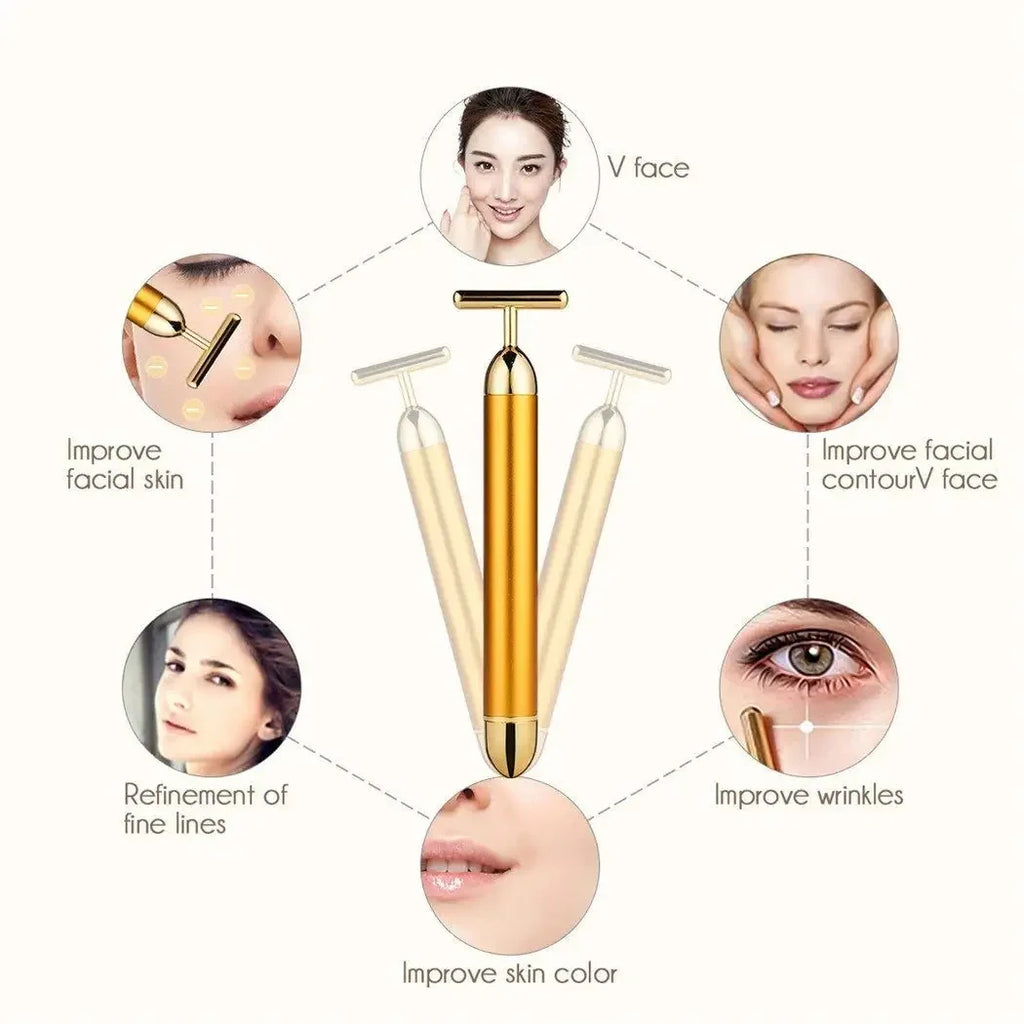 24k Gold Face Lift Bar Roller Vibration Slimming Massager Facial Stick Facial Beauty Skin Care T Shaped Vibrating Tool with Bag