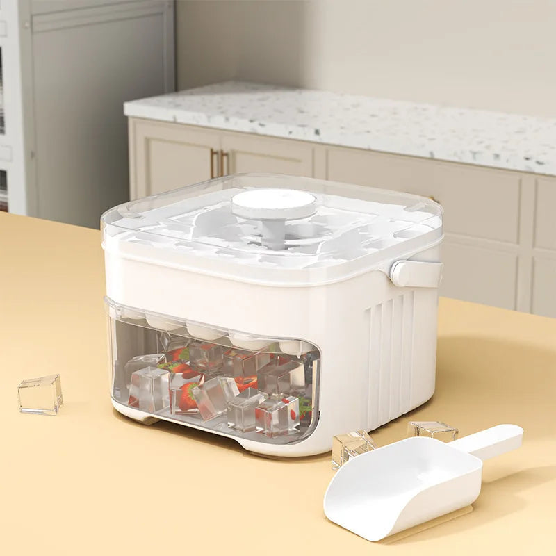 Ice Cube Tray Double Layer with Lid and Bin, Pull-Out Ice Drawer with Portable Handle, Kitchen Accessories Compact
