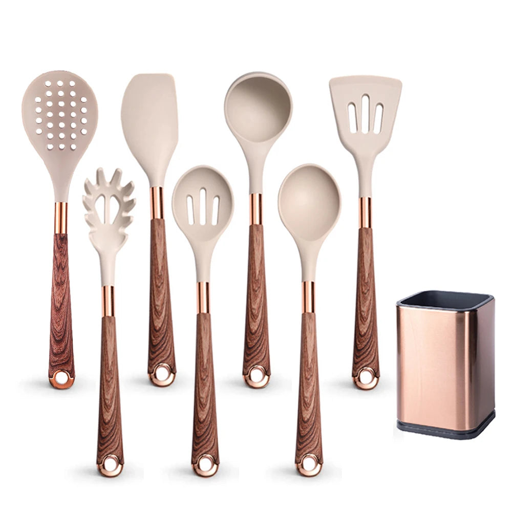 Silicone Cooking Utensils Set Kitchen Heat Resistant Rose Gold-Plated Handle Non-Stick Spatula, Spoon, Quality Gift, 5-13 Pcs