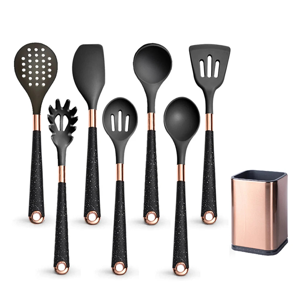 Silicone Cooking Utensils Set Kitchen Heat Resistant Rose Gold-Plated Handle Non-Stick Spatula, Spoon, Quality Gift, 5-13 Pcs