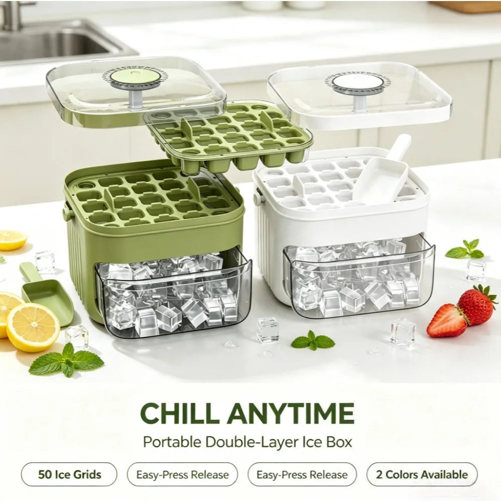Portable Ice Cube Tray with Lid & Bin Ice Maker Double-layer Ice Cube Tray for Whiskey, Cocktail, Coffee Drinks, Beer
