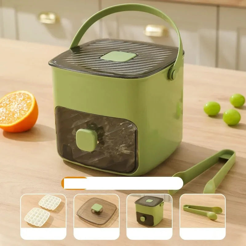 Ice Cube Tray Double Layer with Lid and Bin, Pull-Out Ice Drawer with Portable Handle, Kitchen Accessories Compact