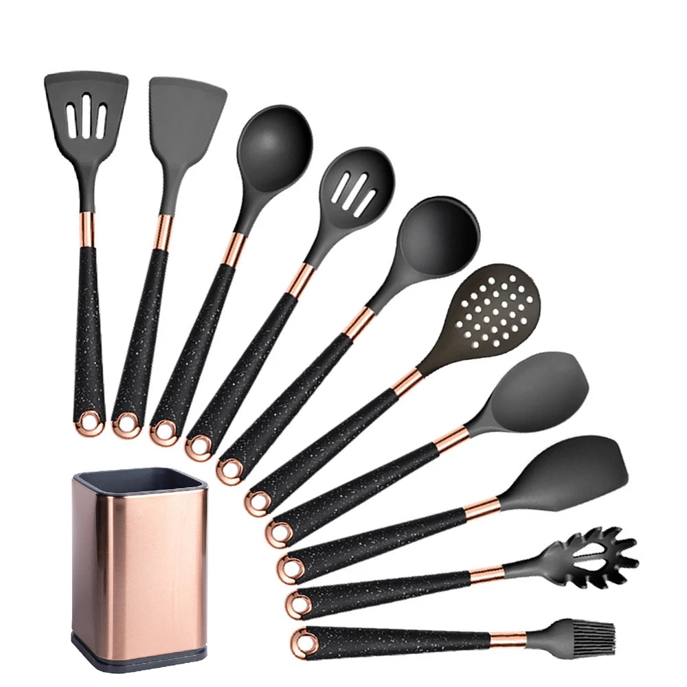 Silicone Cooking Utensils Set Kitchen Heat Resistant Rose Gold-Plated Handle Non-Stick Spatula, Spoon, Quality Gift, 5-13 Pcs