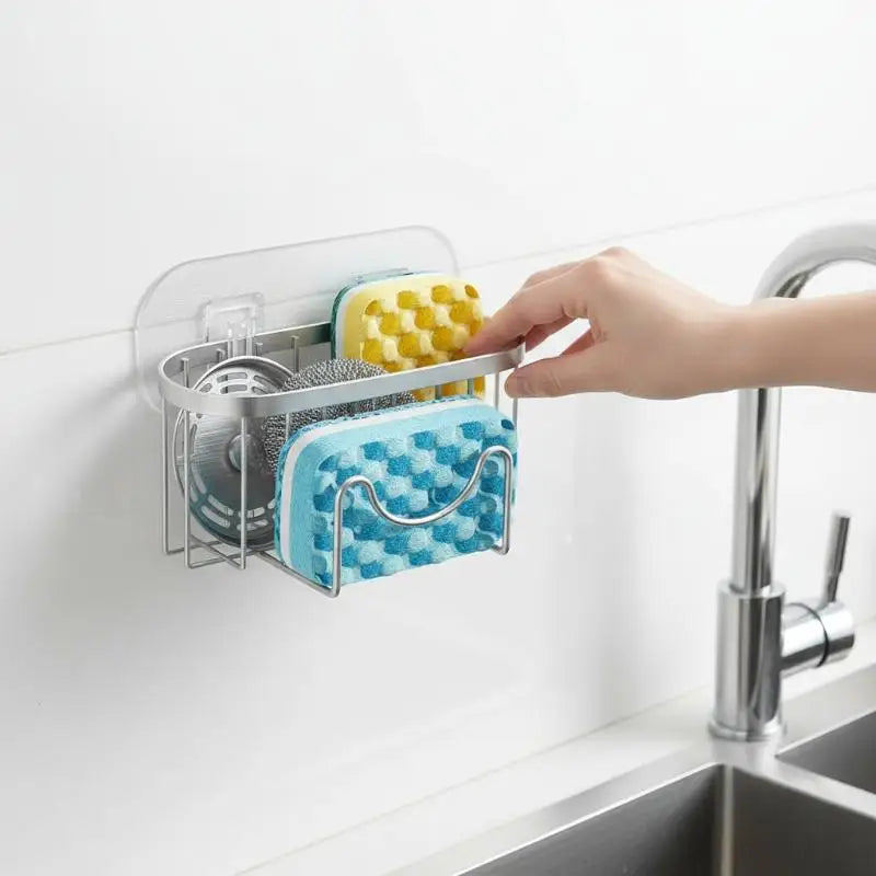 Sink Organizer - Stainless Steel Suction Sponge Stand - Fast-Draining, Easy-Clean Holder with Hook for Modern Kitchens